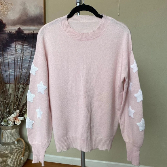 Aqua 100% cashmere Pink & White Star Balloon Sleeve Crewneck Sweater Size Medium - Picture 1 of 11